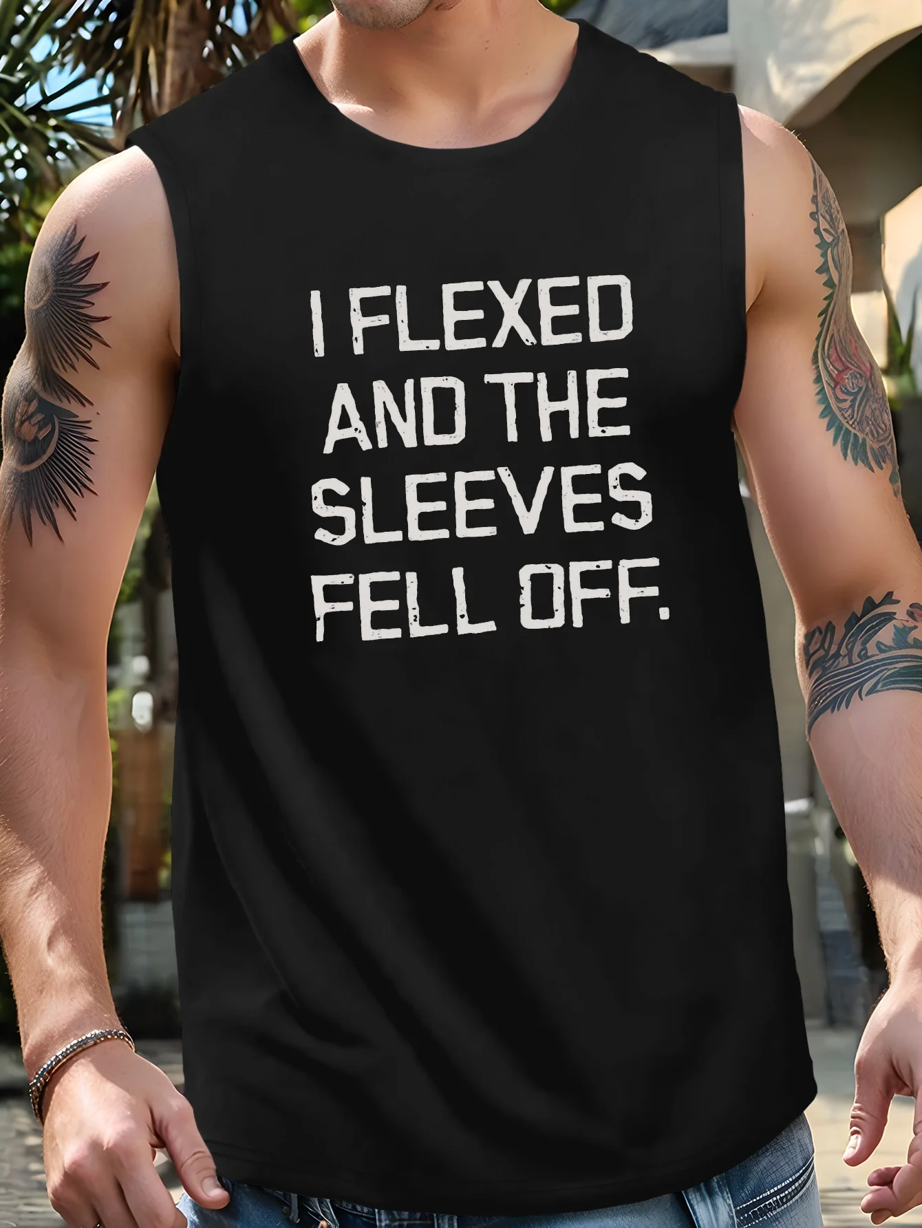 

Men's sports vest, with the words "I bent, the sleeves fell off" printed on it