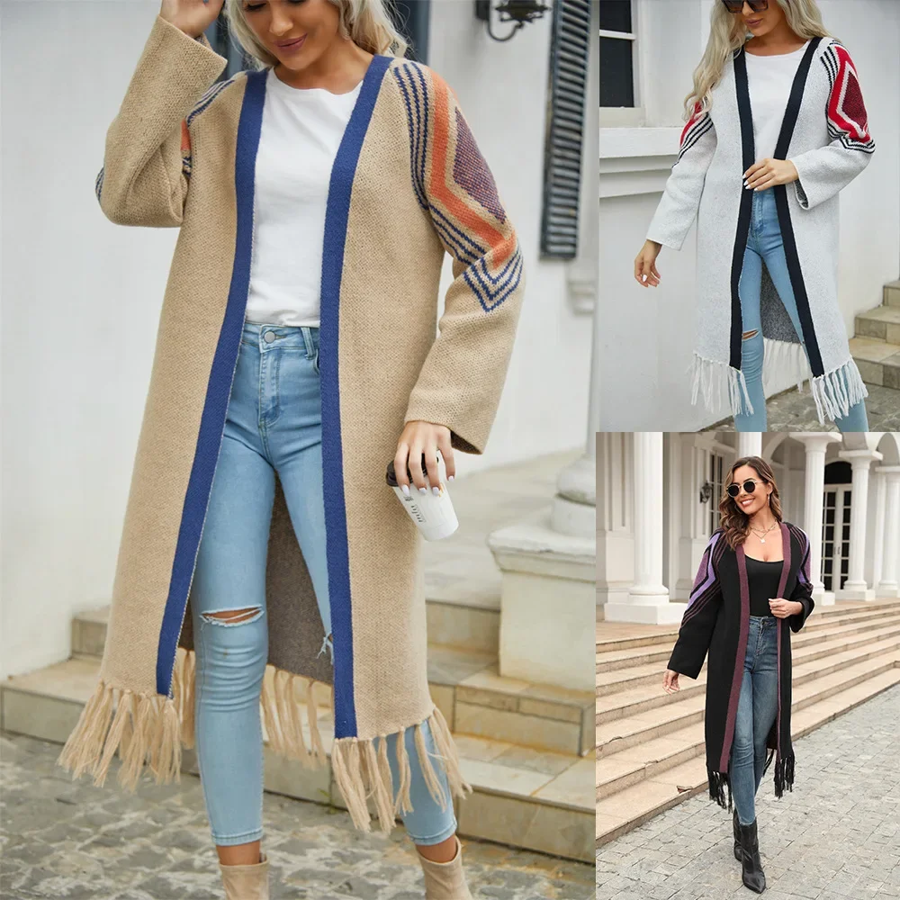 

Knit Cardigan Women Long Sleeve Spliced Tassel Open Stitch Outerwear Ankle Length Sweater Loose Fit Jumpers Autumn Casual