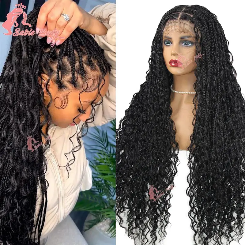 Synthetic Boho Box Braided Wigs Full Lace Front Wigs with Curly Goddess Locs Cornrows Wigs Pre Plucked Box Braids Wig 32inch