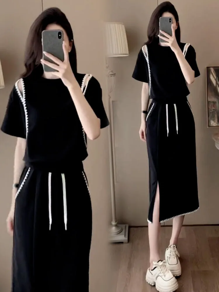 

Casual Faionable Women's Two-Piece Set Skirt Split Design Breathable Comfortable ort Sve T-irt Sli Agel