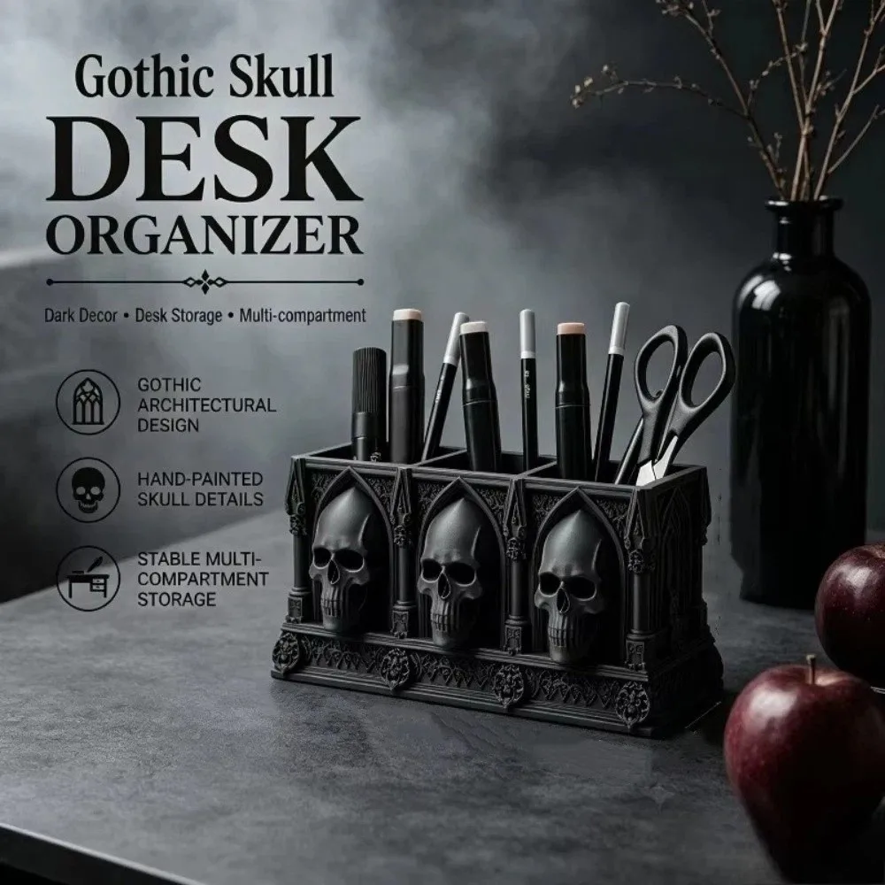 3D Printed Halloween Skull Pen Holder 3-Slot Spooky Skeleton Flower Planter Pot Raised Relief Plastic Small Skull Storage Rack