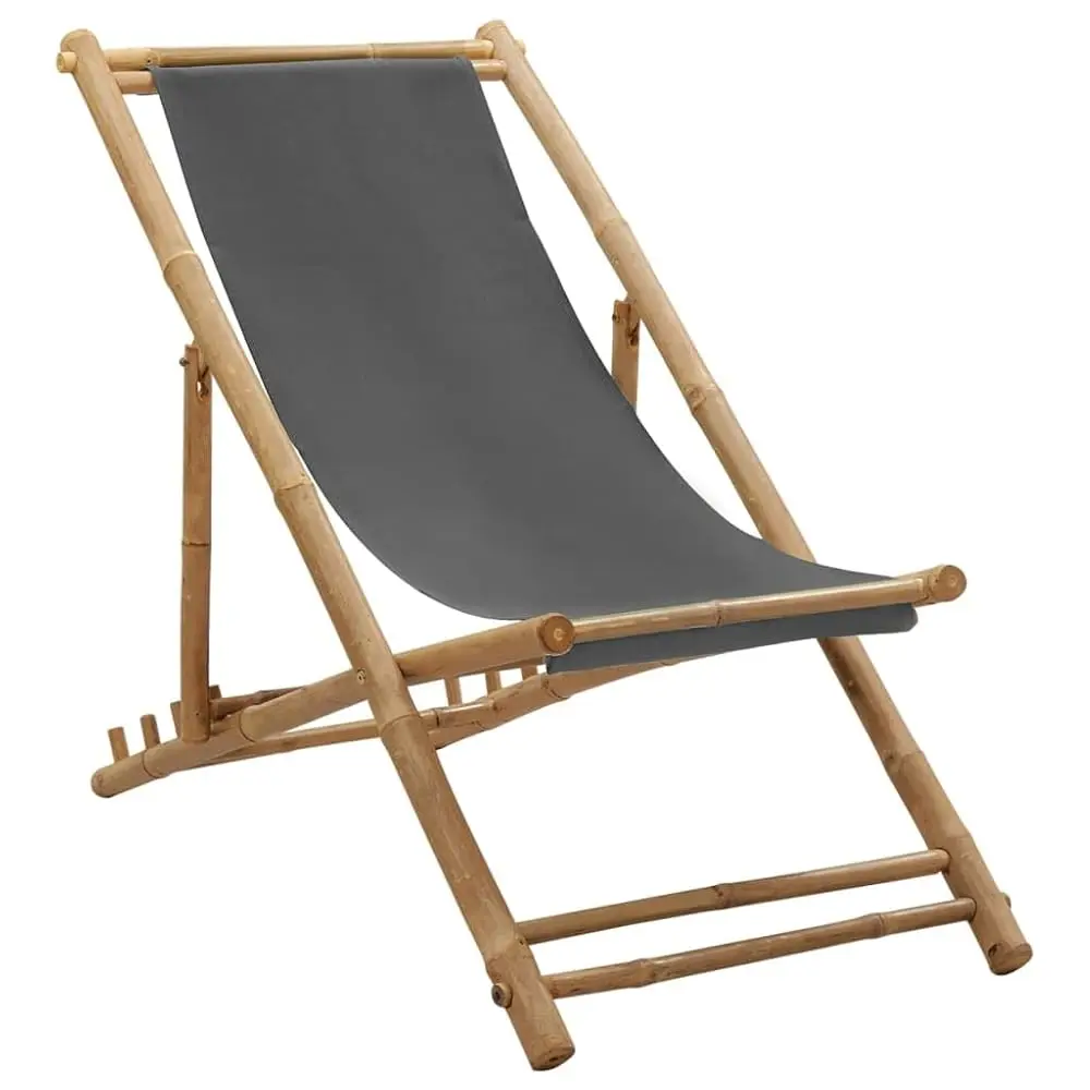 

Adjustable Foldable Patio Chair - Durable Weather Resistant Bamboo And Canvas De Chair In Dark Gray - I For Garden, Beach,