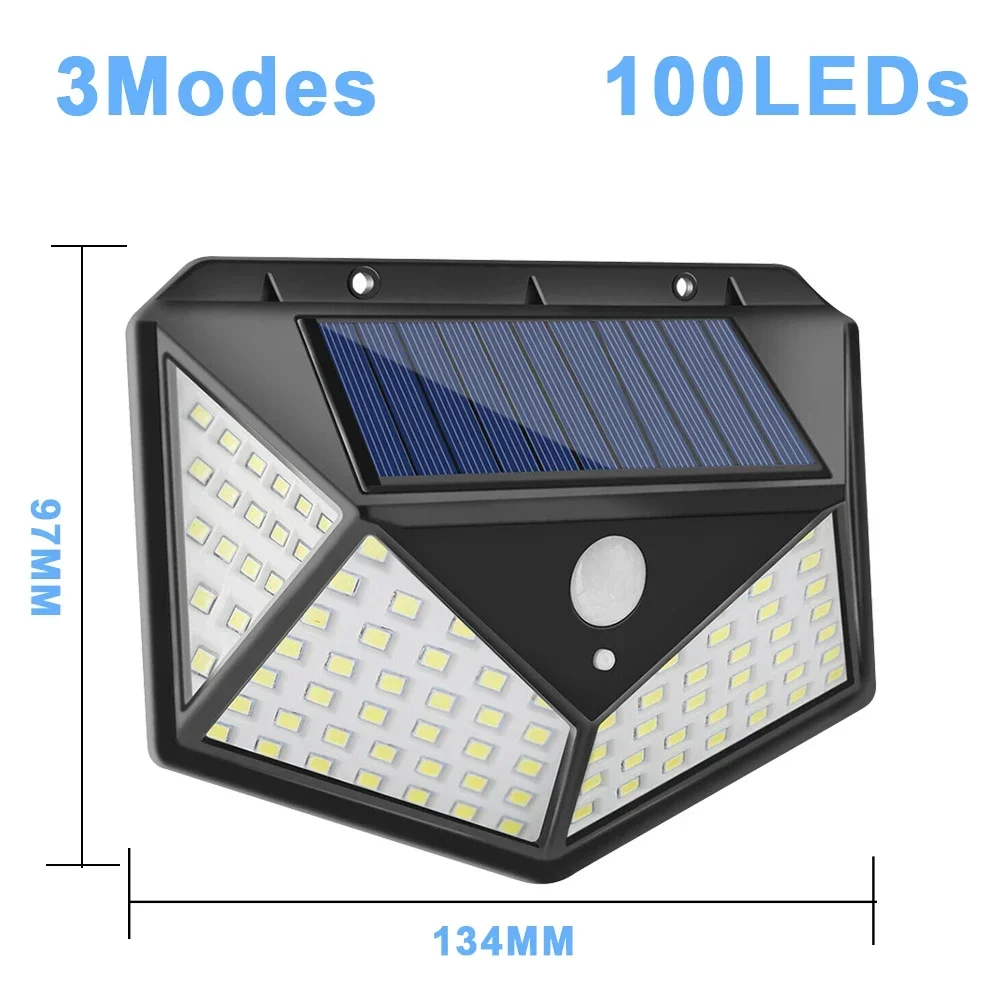 100 LED Solar Wall Lamp 3 Modes All Sides Luminous Motion Sensor Human Induction Courtyard Waterproof Stairs Outdoor Wall Light