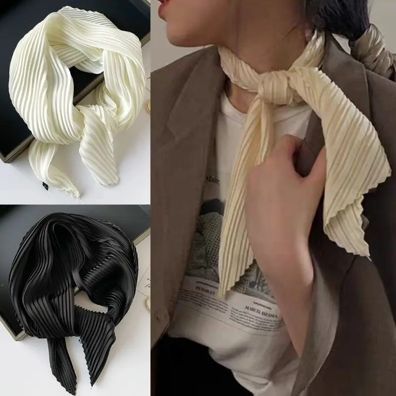 Pleated Silk Satin Scarves Elegant Hair Scarf For Women Square Headscarf Office Lady Crinkled Neckerchief Hairband Decor Bandana