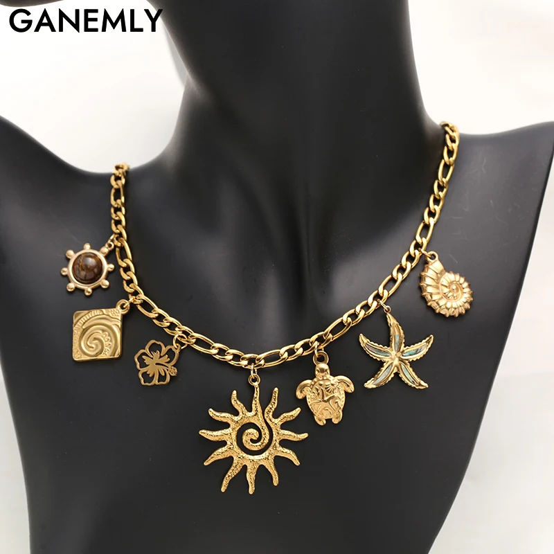

GANEMLY 316L Stainless Steel Ocean Style Starfish Turtle Conch Sun Drop Handmade Necklace Women Statement Waterproof Jewelry