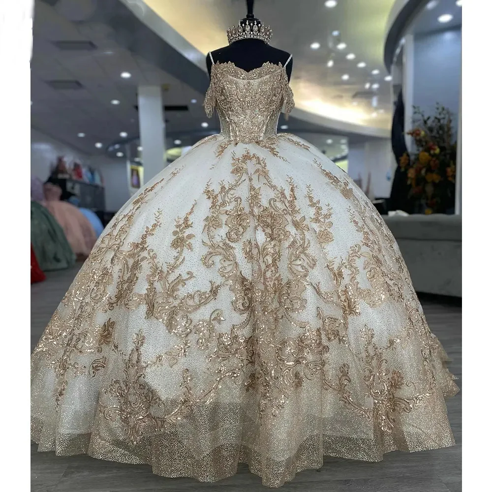 Vestido De fiesta con borlas y cuentas De champán personalizado, vestido para quinceañeras, apliques De lentejuelas espagueti, Vestidos De encaje De