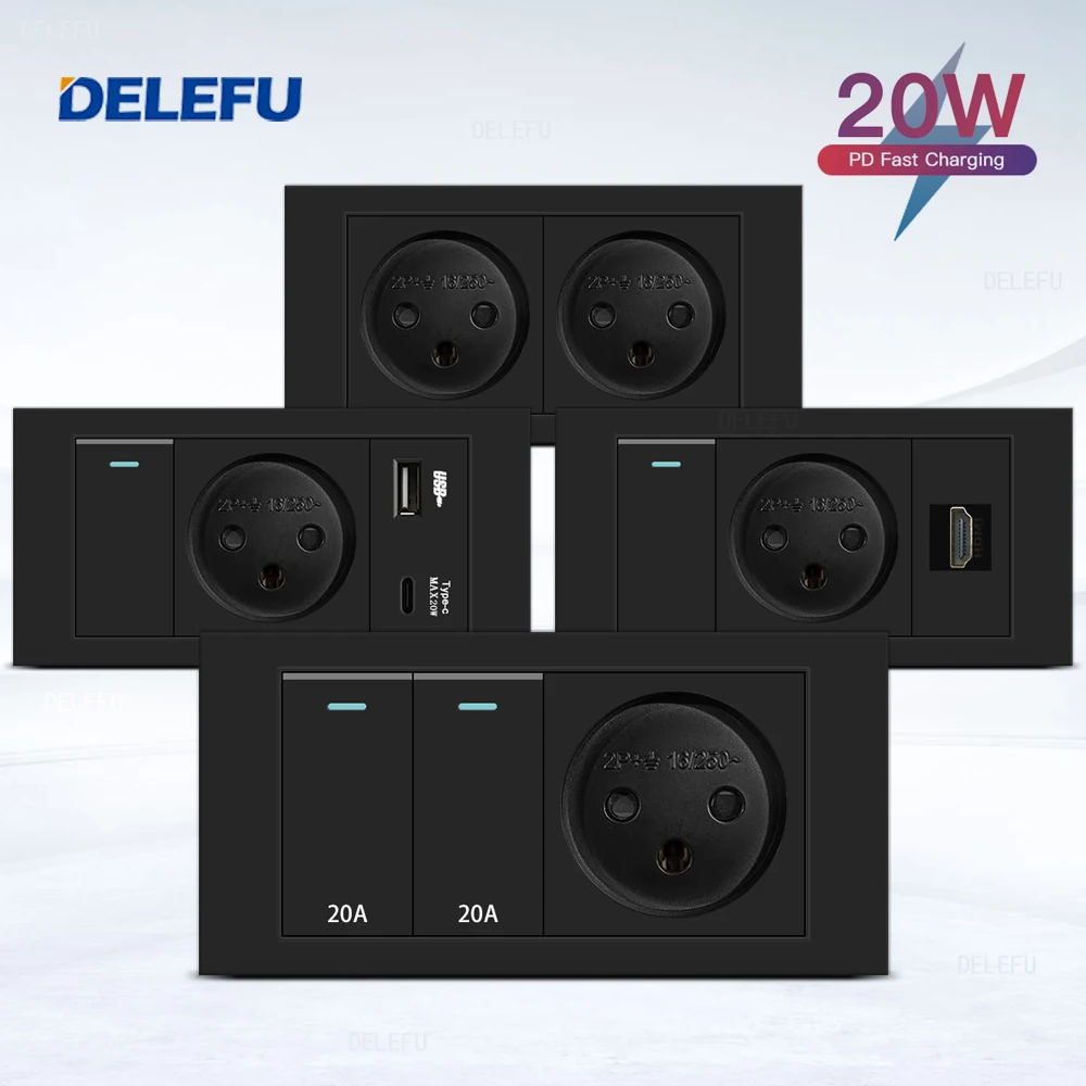 DELEFU Flame Retardant SC31 Panel 145mm Black Israeli Standard USB Type C Fast Charging Wall Socket Switch TV Tel CAT5 CAT6