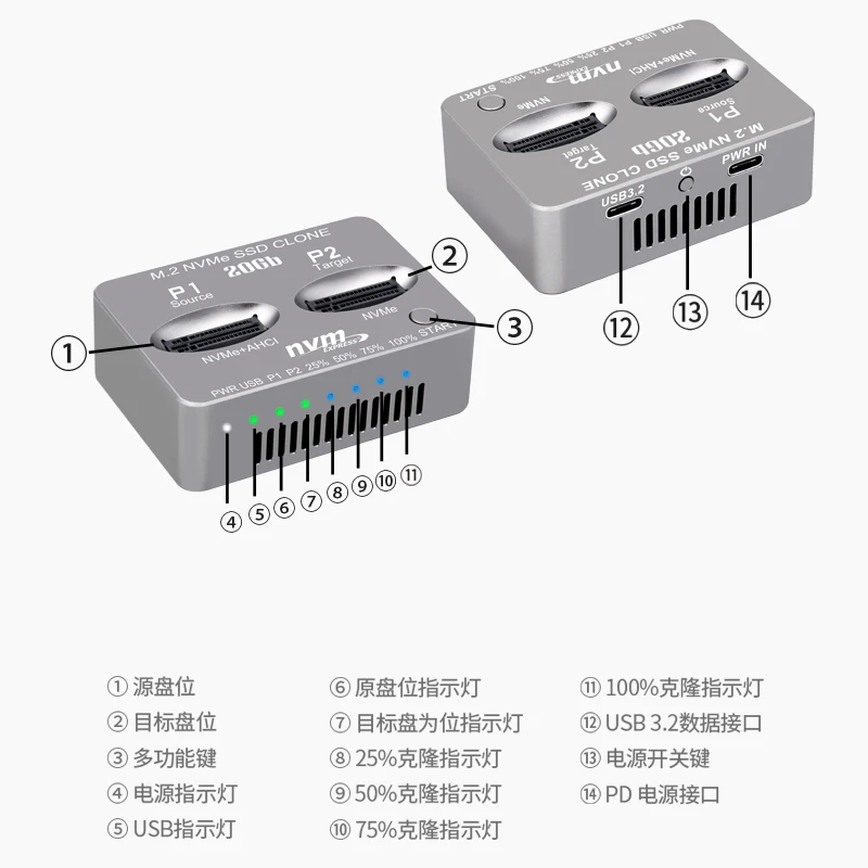 M2 Solid State System Hard Disk Clone Copier M.2 NVMe Dual Disk Bit Copier JMS586U Master Control