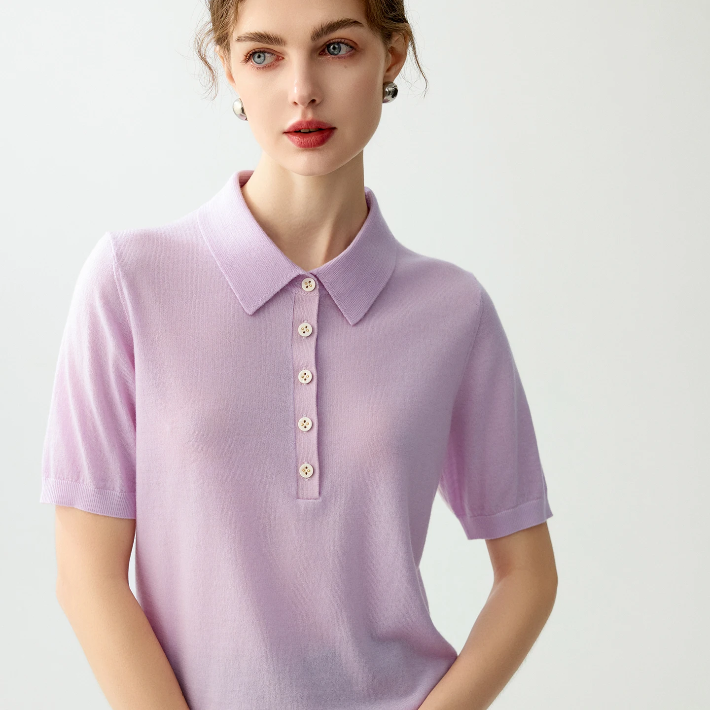 

100% шерстяной пуловер из тонкой пряжи с коротким рукавом, женская футболка для весны/лета, повседневный однотонный вязаный свитер с воротником-поло.