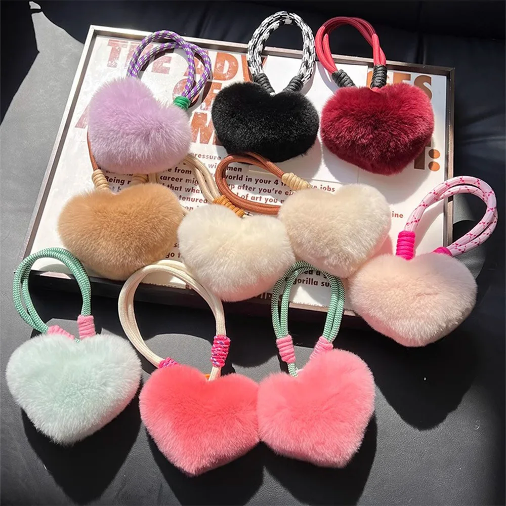 Heart Plush Keychain Colorful Lanyard Bag Accessories Fashion Wrist Strap Pendant Keychains, Soft Fluffy Cute Bag Decoration