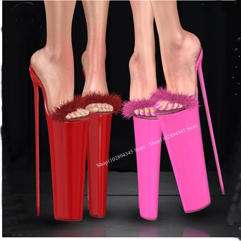 Red Fur Plus Platform Slip On Sandals Thin High Heel Peep Toe Fashion Sexy Novel Western Summer Woman Shoes Zapatillas Mujer