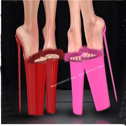 Kırmızı kürk artı platformu sandalet üzerinde kayma ince yüksek topuk Peep Toe moda seksi roman batı yaz kadın ayakkabı Zapatillas Mujer