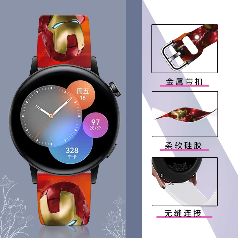 Disney Iron Man 20mm Printed Strap for Samsung Galaxy Watch 6/5 40mm 44mm Band Replaceable Bracelet for Amazfit Balance 45mm