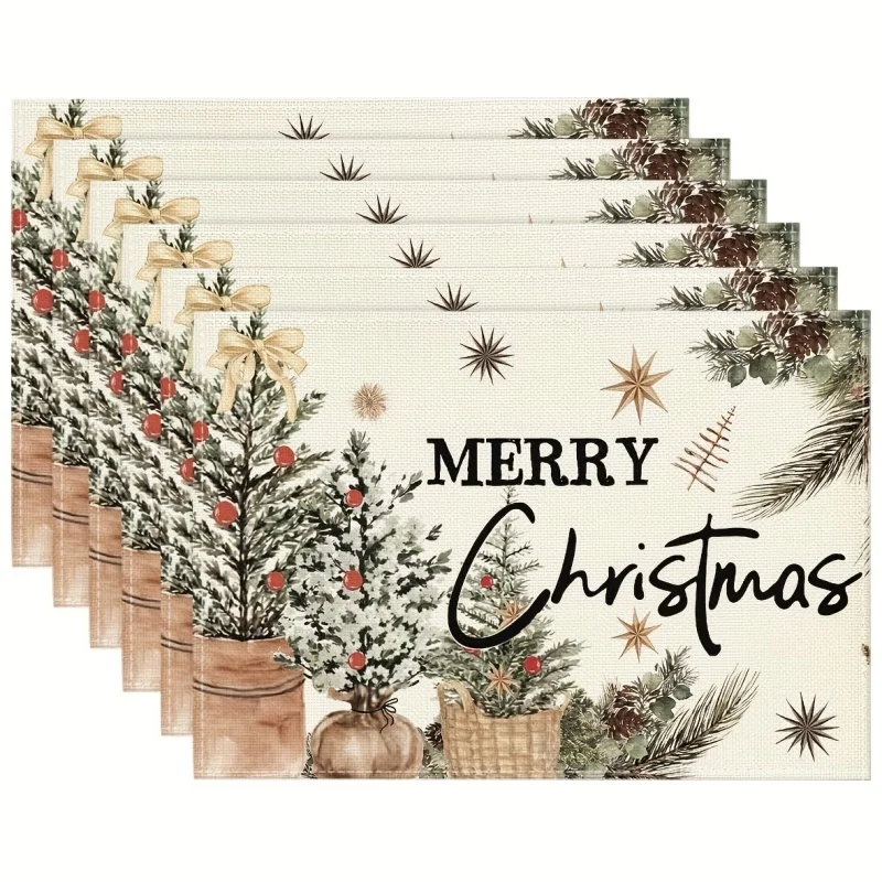 Farmhouse Style Christmas Tree Pine Cone Print Linen Placemats, Merry Christmas Letter Bow Pine Branch Pattern Table Mats