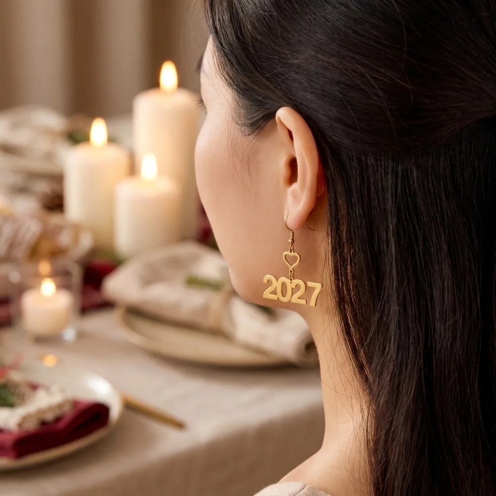 Elegant 2027 Digital Earrings Hollowed-out Fashion Long Drop Happy New Year Earrings Metal Alloy Love Heart Design Stud Earrings