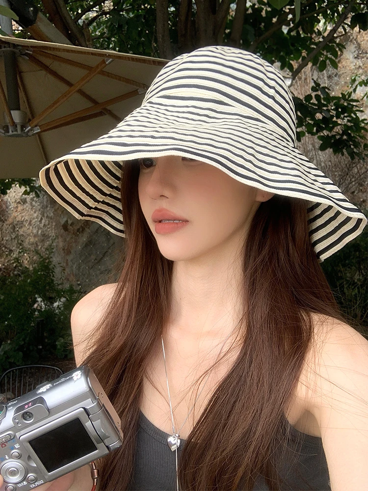 Retro Striped Korean Style Women's Fishing Cap Summer Large Brim Asymmetric Foldable Outdoor Sunshade Hat Sun Protection