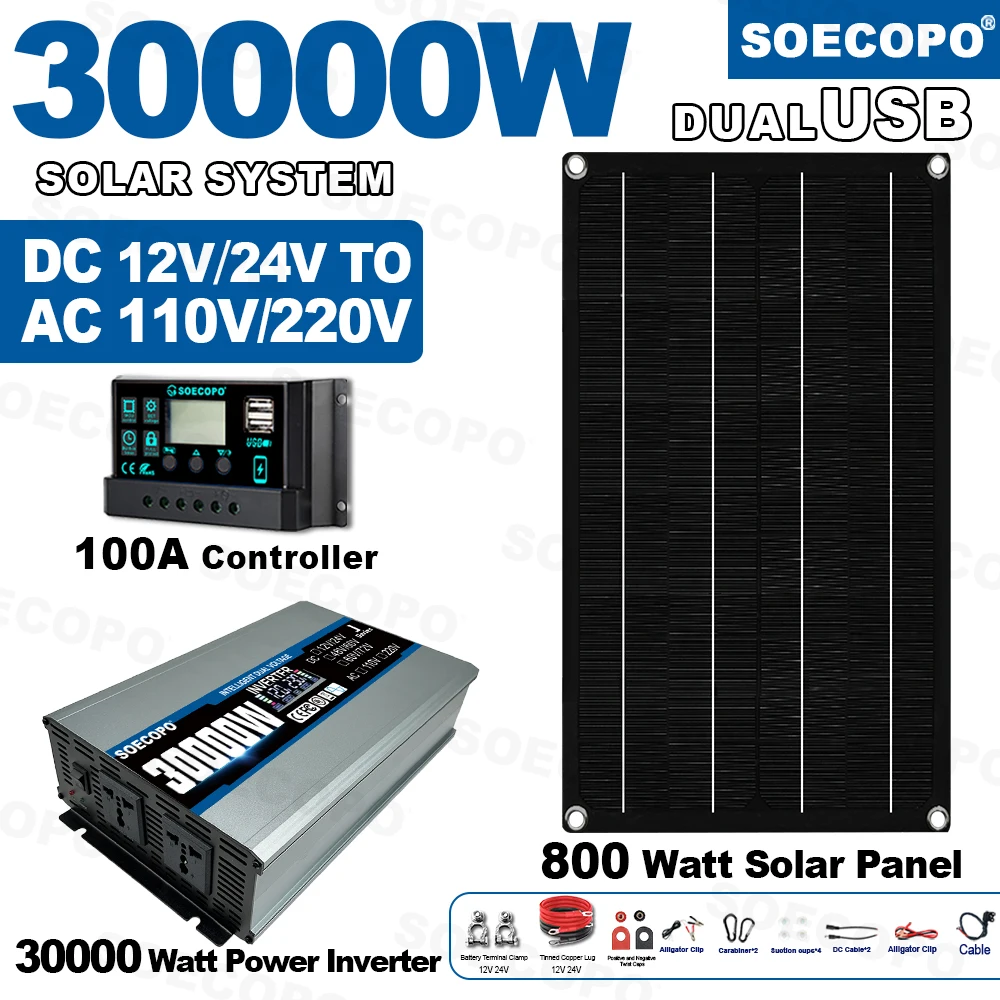 

SOECOPO 30000W Portable Solar System Kit 800W Panel Dual voltage input Inverter 2 sockets 12V/24V 100A Controller Camping/Home