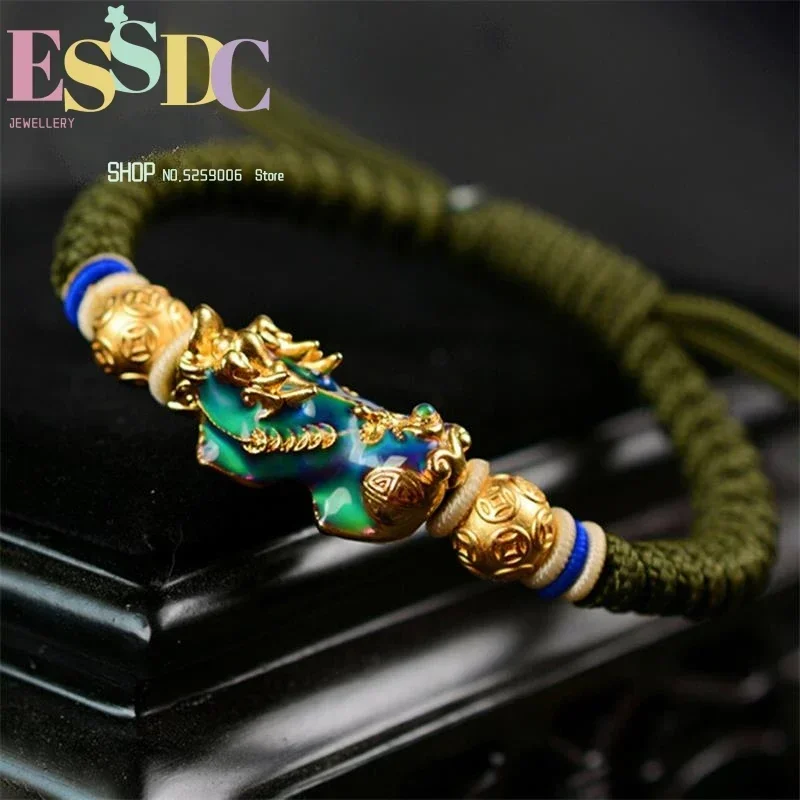 Fashion Men's Change Color Pixiu Charm  Bring Wealth Army Fan Outdoor Copper Handmade Lucky Rope Chain Bracelet Dropship view 2
