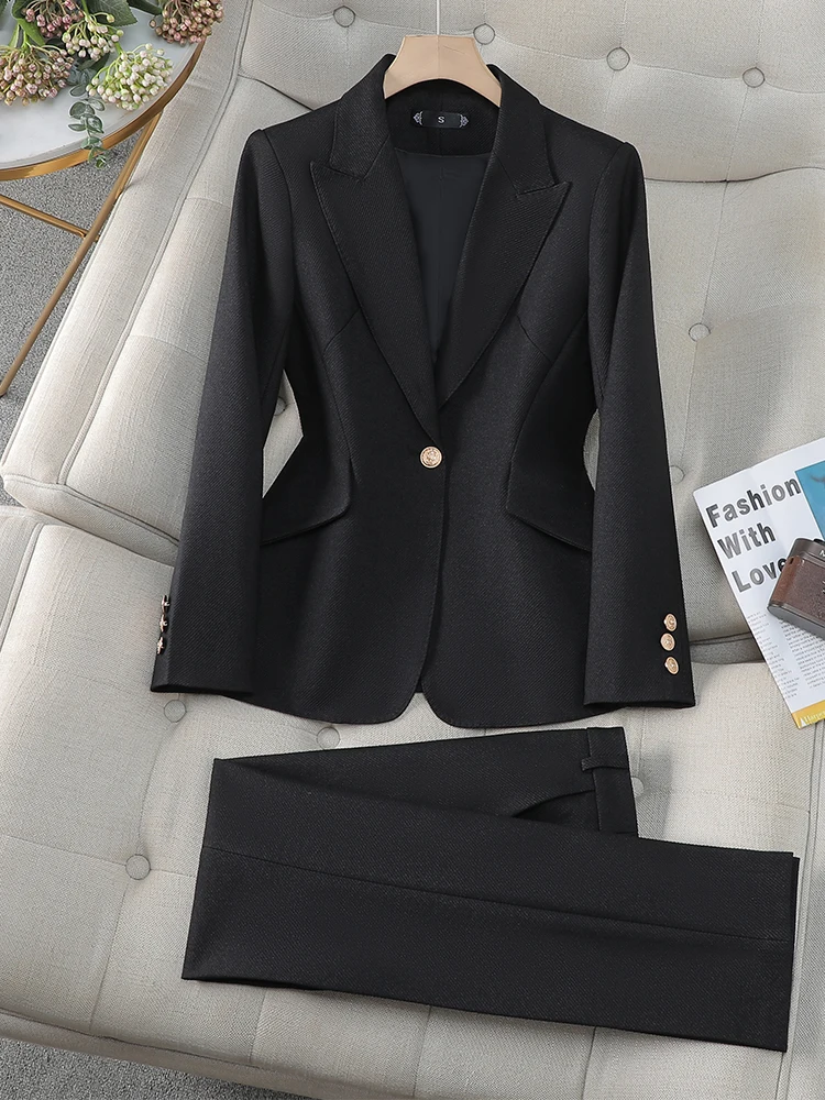 High Quality Green Pink Black Ladies Blazer Pant Suit Women Female Business Work Wear Solid Jacket and Trouser 2 Piece Set