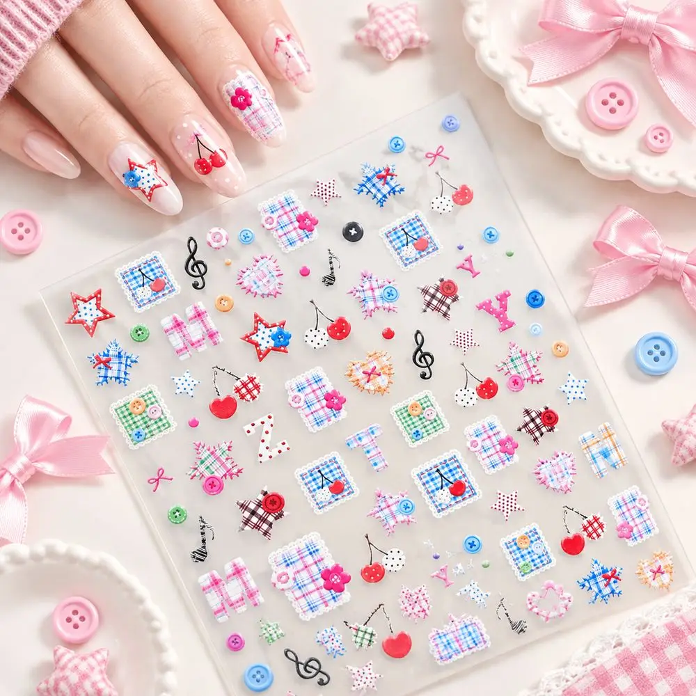 1Sheet 5D Patchwork Element Nail Decal Embossed Cherry Alphabet Star Kawaii Sticker For Handmade Nail Decor Accessory Supplies