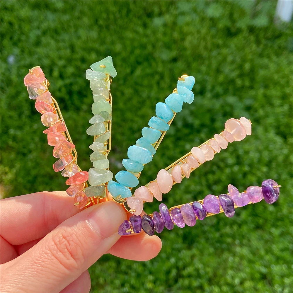 Healing Crystal Hair Clip Women Natural Chip Stone Hairpins Quartz Beaded Hairpins Stone Barrettes Headdress Hair Accessories