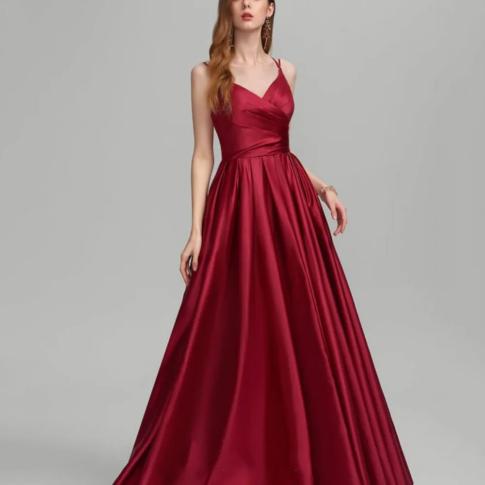 Elegante vestido de baile com decote em V para mulheres, vestidos de noite com cintas espaguete, vestidos de festa simples