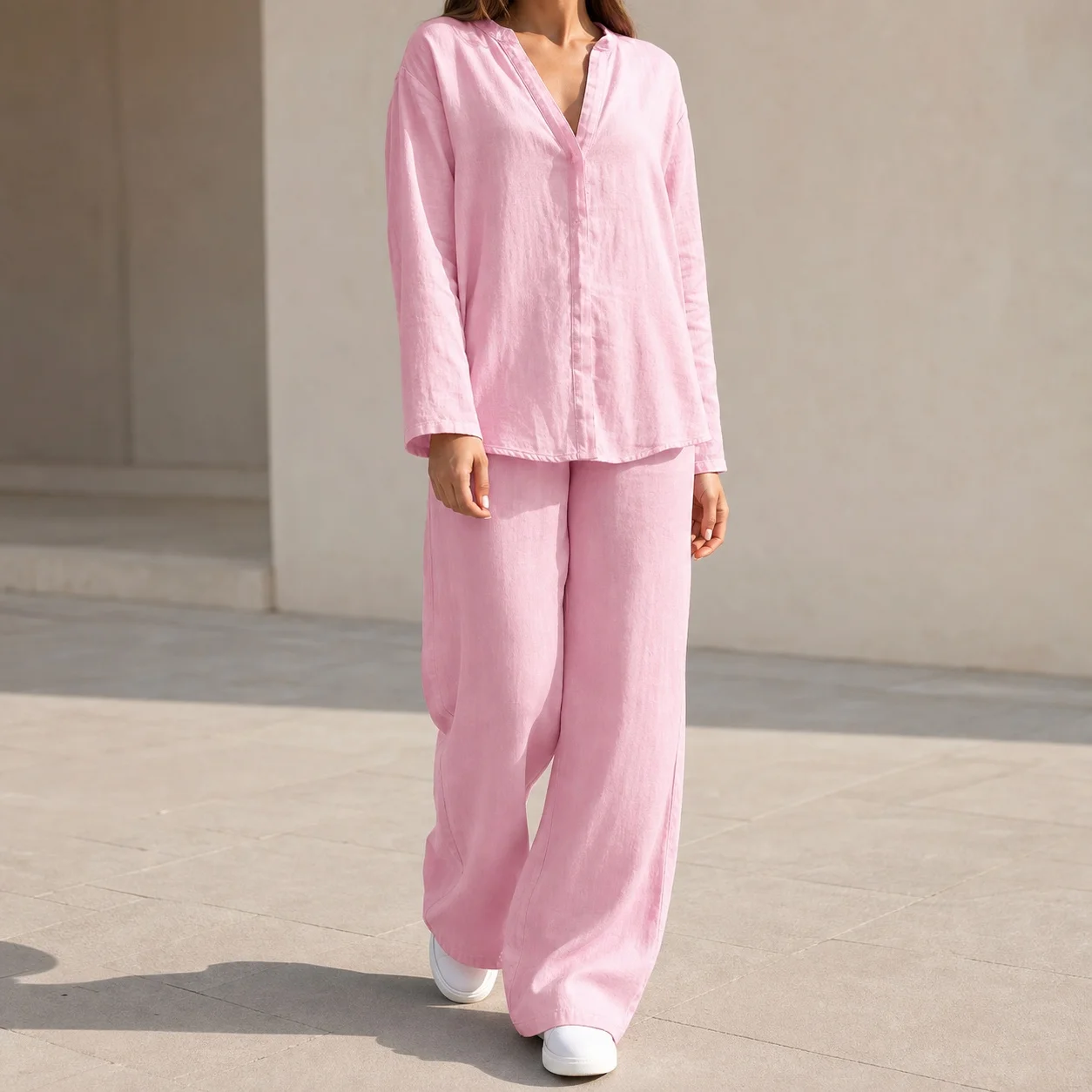 Women's Long Woven Pants with Button Closure, All Season Casual Bottoms for Everyday Wear, Regular Fit, Solid Color Cream White