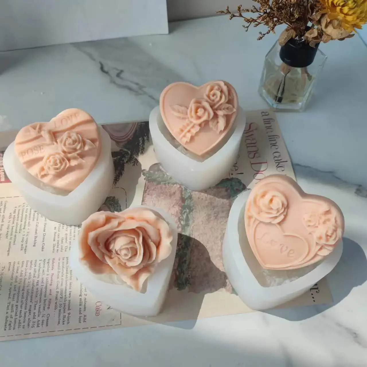 Stampo per sapone fiore rosa candela stampo in Silicone amore a forma di cuore stampo per torta di fiori che fa strumenti di cottura per aromaterapia