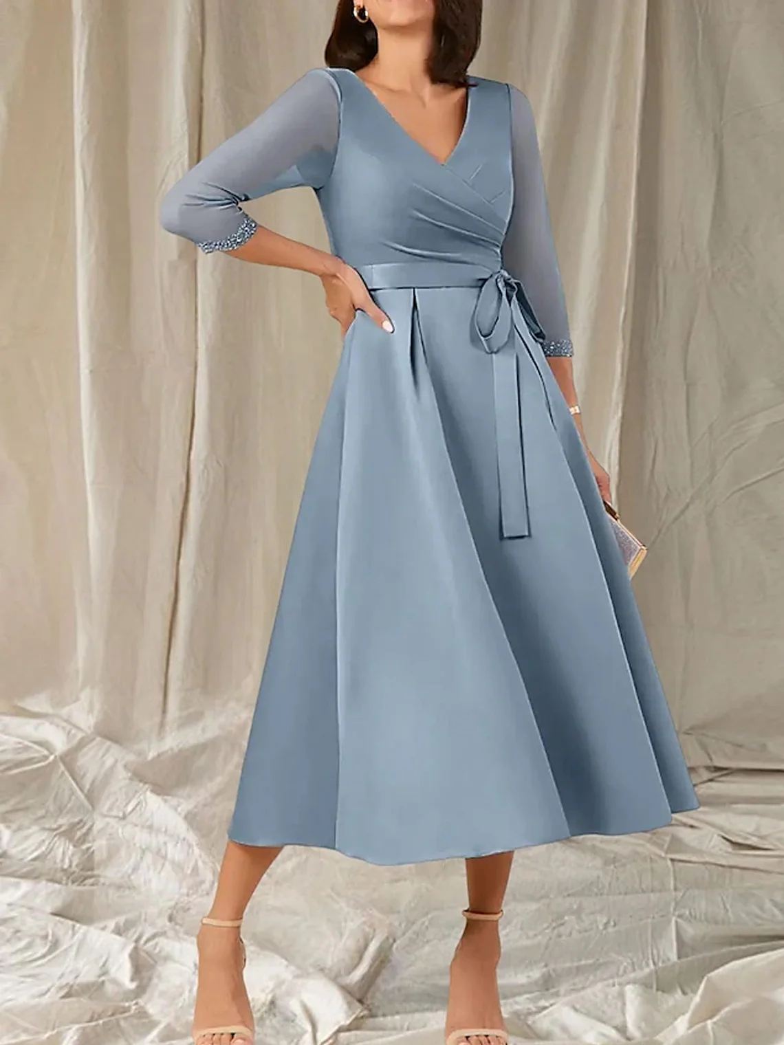 

Elegant A-Line Satin Wedding Dress V Neck Tea Length 3/4 Sleeve Sash Ribbon Mother of the Bride Gown 2025 free customized