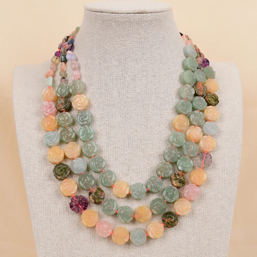 

APDGG NO121 Handmade 3 Rows Natural Mix Stone Quartz Jade Flower Gems Multi Strands Necklace