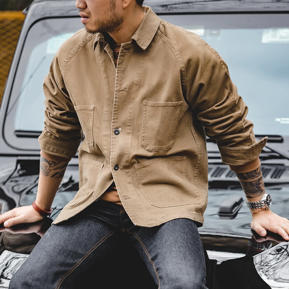 Maden Vintage kurtki Khaki dla mężczyzn luźna, bawełniana jednolity płaszcz Amekaji Cargo casualowa kurtka odzież męska
