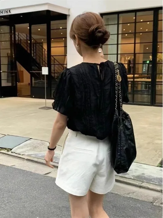 

Chic Sweet Lace Bubble Sleeve Doll Shirt Women's Summer New Design Sensation Shirt Top Straight Cut round Neck Short Sl...
