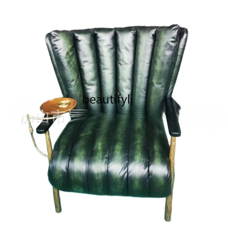 

Coffee Chair Sofa Solid Wood Armrest with Tray Leather Sofa Chair American