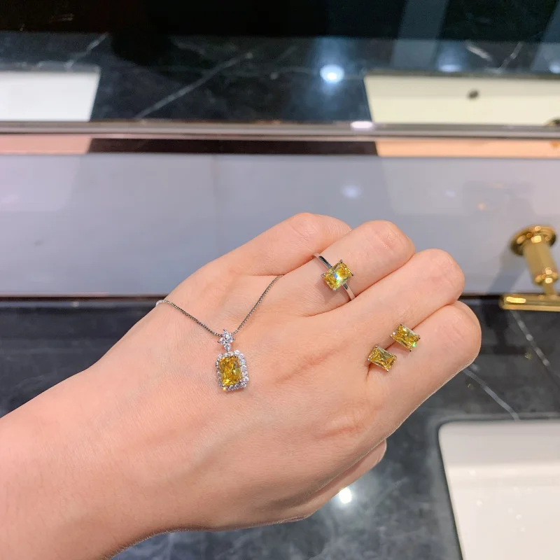 

Jewelry Export European and American Trend High Carbon Yellow Diamond Small Rectangle Earrings Pendant Ring Women's Set