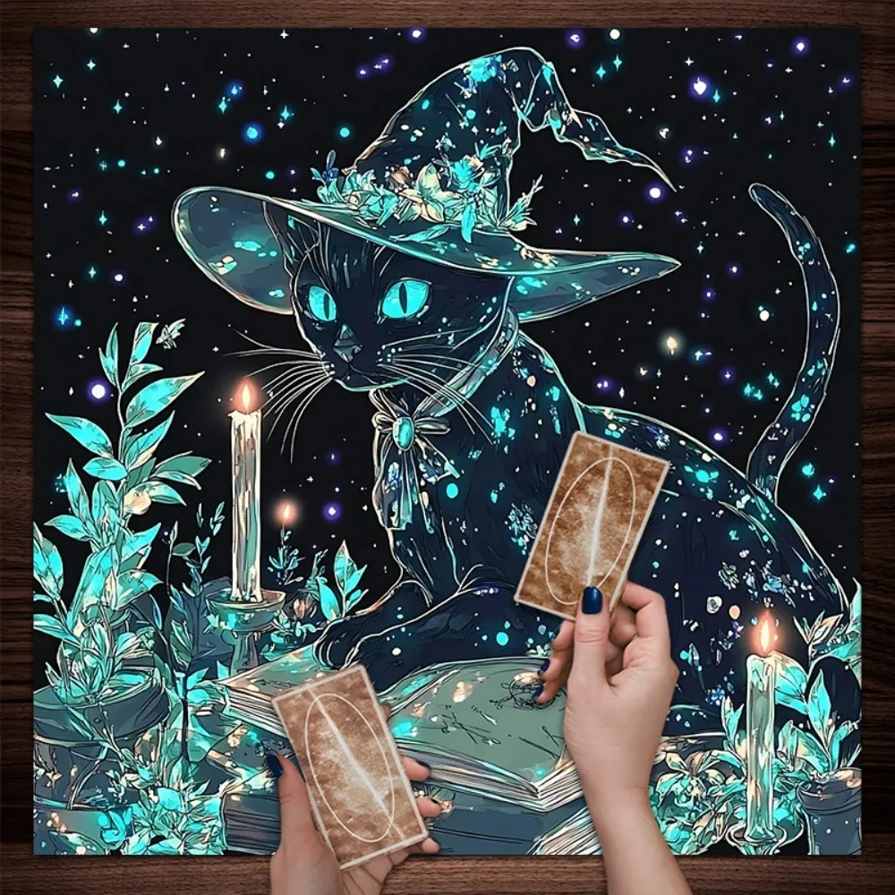 Magic Witch Cat Altar Cloth Table Mat 1 Piece Large Multiple Sizes Turquoise Blue Black Mystic Print Tarot Divination Witchcraft