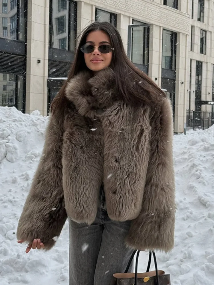 Winter Warm Faux Fur Coats Fashion Browns Long Sleeve Stand Collar Short Jackets 2025 Lady High Street Commute Outerwear