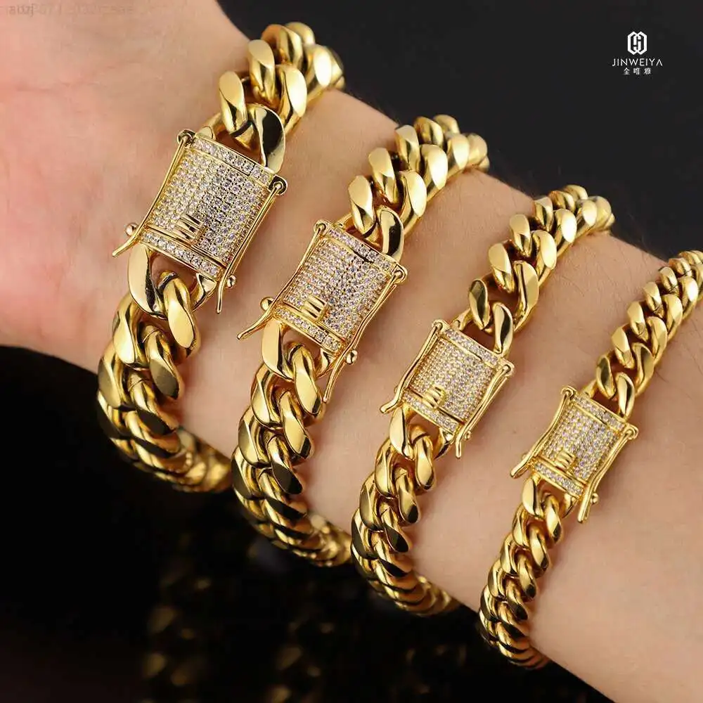 

Jwy Wholesale Hip Hop Bracelet 18k Solid Gold Plated Miami Men Gold Chain Cuban Link Bracelet