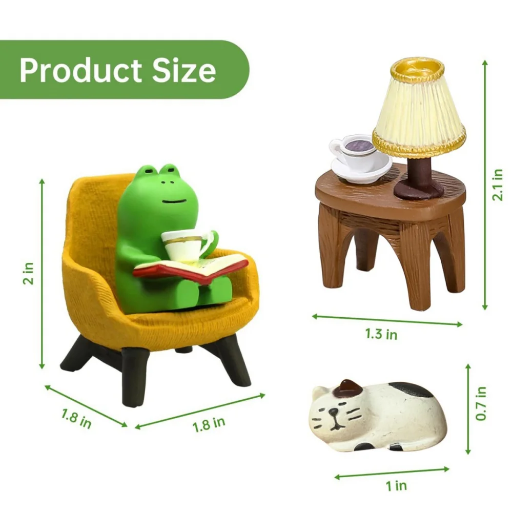 Cartoon Frog Cat Table Ornaments Home Decor (Sleeping Cat + Coffee Frog + Table + Yellow Sofa)