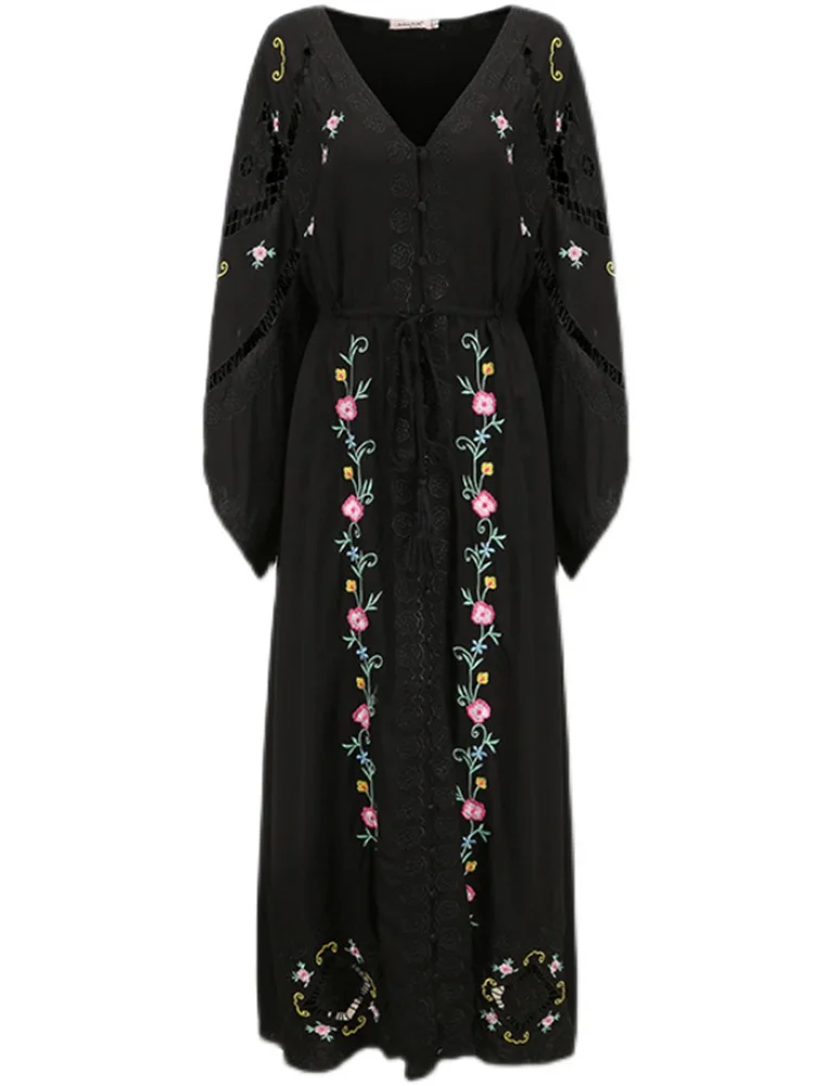 KHALEE YOSE Floral Embroidery Boho Maxi Dress Black Cotton Loose Long Sleeve V-neck Women Vocation Ladies Dresses Vestidos New