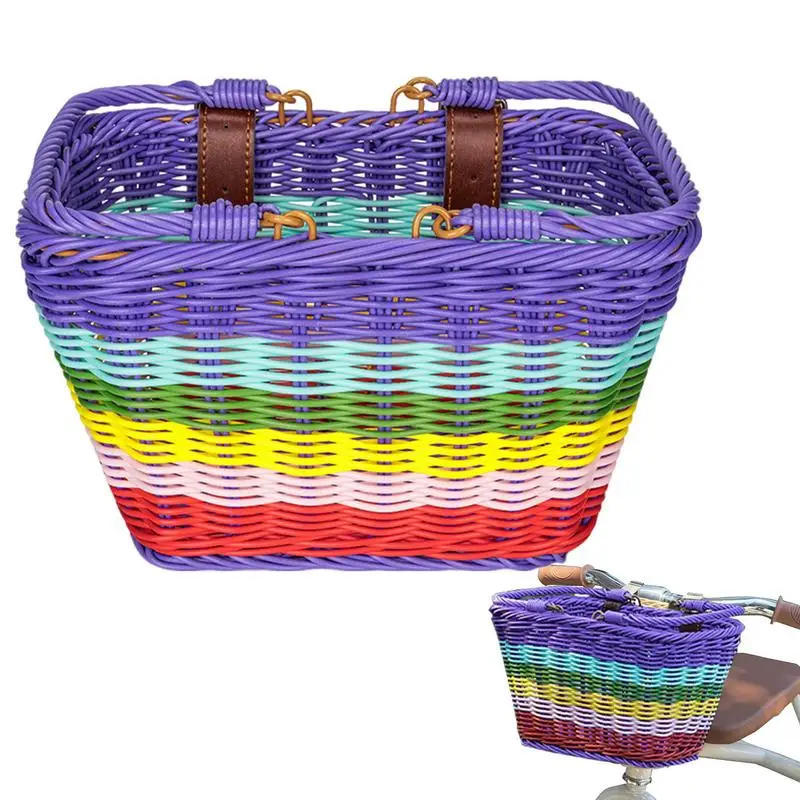 Girls Handlebar Basket Girl's Detachable Woven Cycle Basket Waterproof Hand-Woven Rattan Cycle Basket With Adjustable PU Belts