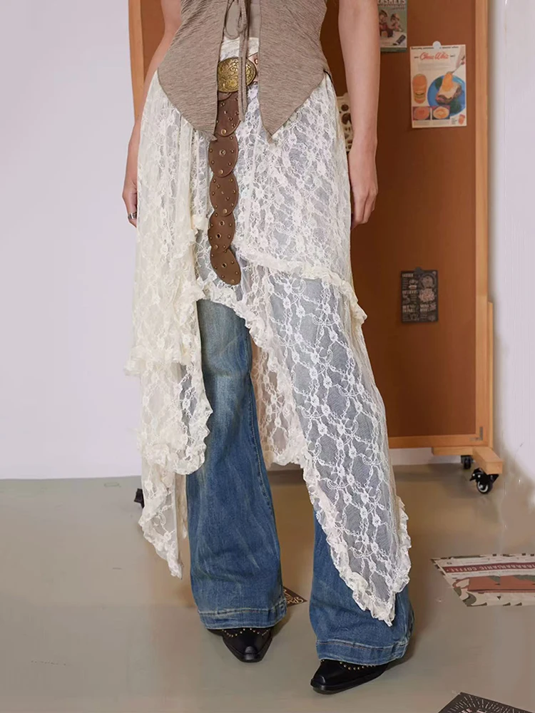 Y2K غير النظامية الدانتيل ميدي التنانير للنساء عالية الخصر الشارع الشهير مثير الجوف خارج تنورة طويلة الكورية شيك غير المبطنة ألف خط التنانير جديد