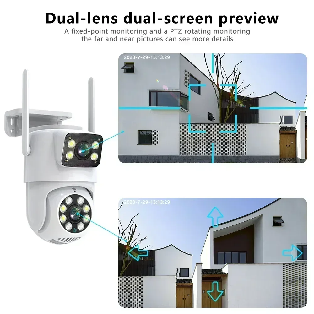 Câmera de vigilância de segurança externa Dual Lens, rastreamento automático AI, PTZ, Wi-Fi, Full HD, Tuya Compatível, 4MP Dual Screen, 8MP