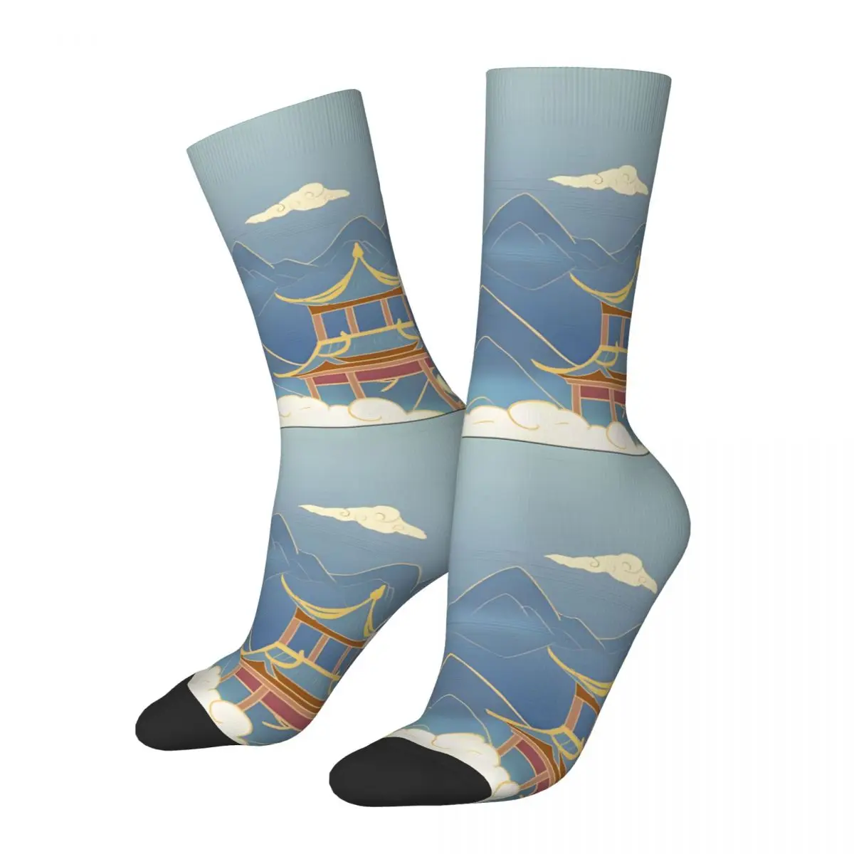 Gorgeous Nature Landscape With Mountains,Clouds, Pavilion And Crane Comforter Socks Shopping 3D Print Boy Girls Mid-calf Sock