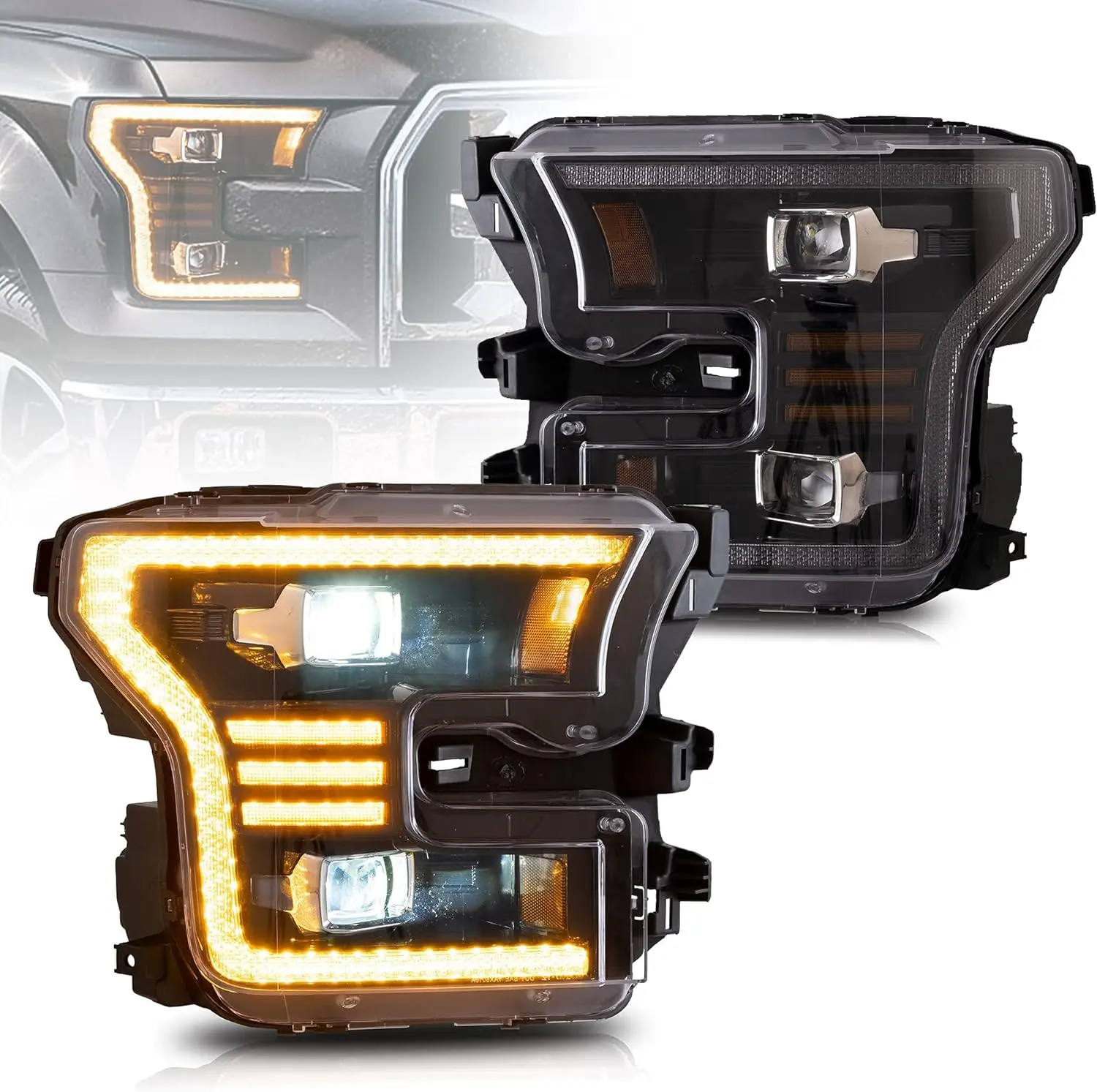 

LED Headlights Compatible For [2015-2017 Ford F150 XL, XLT, Lariat, King Ranch, Platinum, Limited] With Dynamic Amber DR