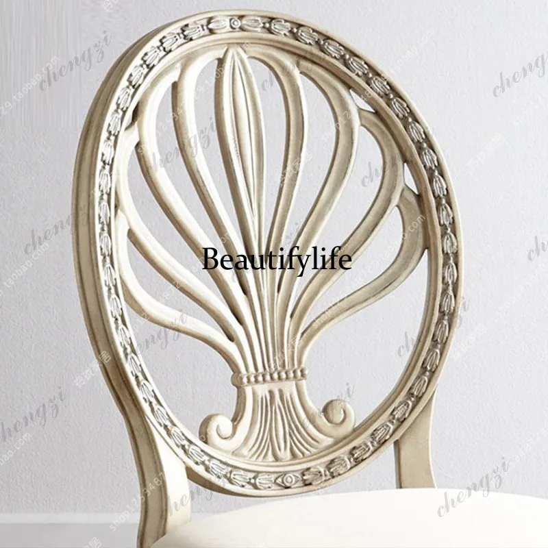 Spot American solid wood carving flower dining chair French simple fabric, small and medium-sized cosmetic chair new