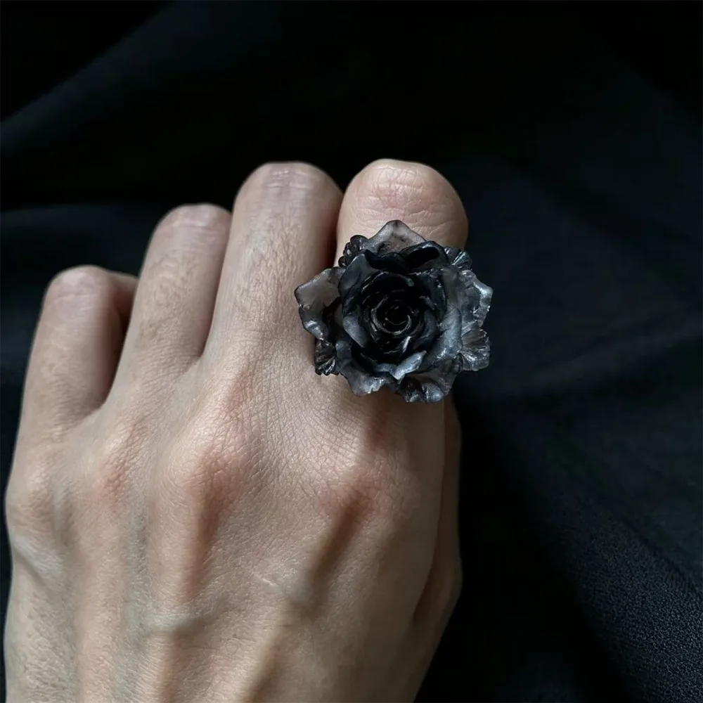 European and American Dark Mountain Camellia Open Ring Gothic Style Clothing Single Item Two Tone Three Dimensional Rose Jewelry