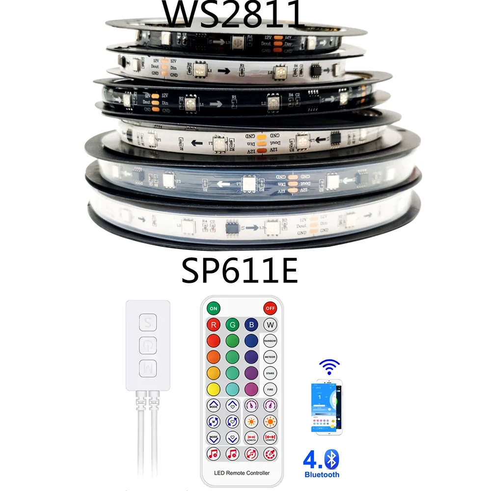 

Адресная светодиодная лента WS2811 с черно-белой печатной платой Контроллер IP30/65/67 SP611E Приложение Встроенный микрофон Alexa Google DC5-24V