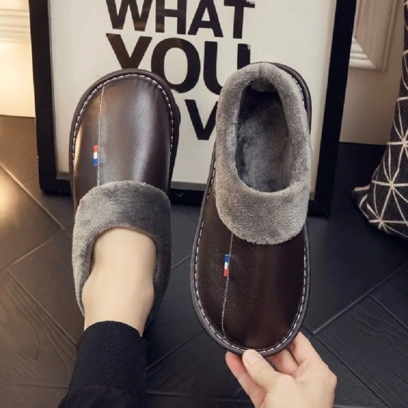 

Fashion men's brand leather loafer shoes non-slip flat fur slides man fluffy indoor shoes fur slippers