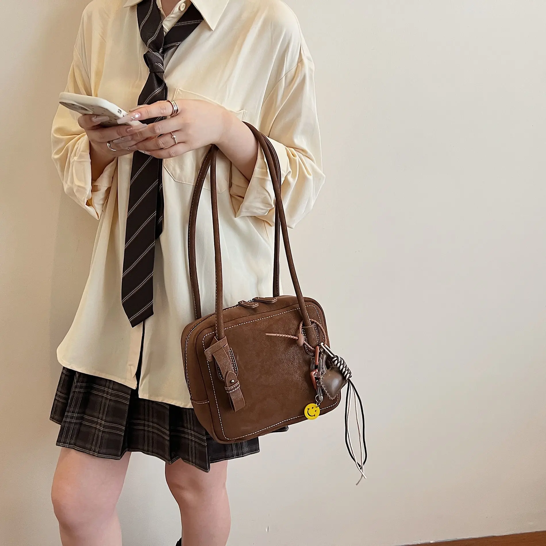 

JIAERDI Retro Minimalist Square Handbag Women Leather Large Capacity Stitching Shoulder Bags Ladies With Cute Charm Boston Bag