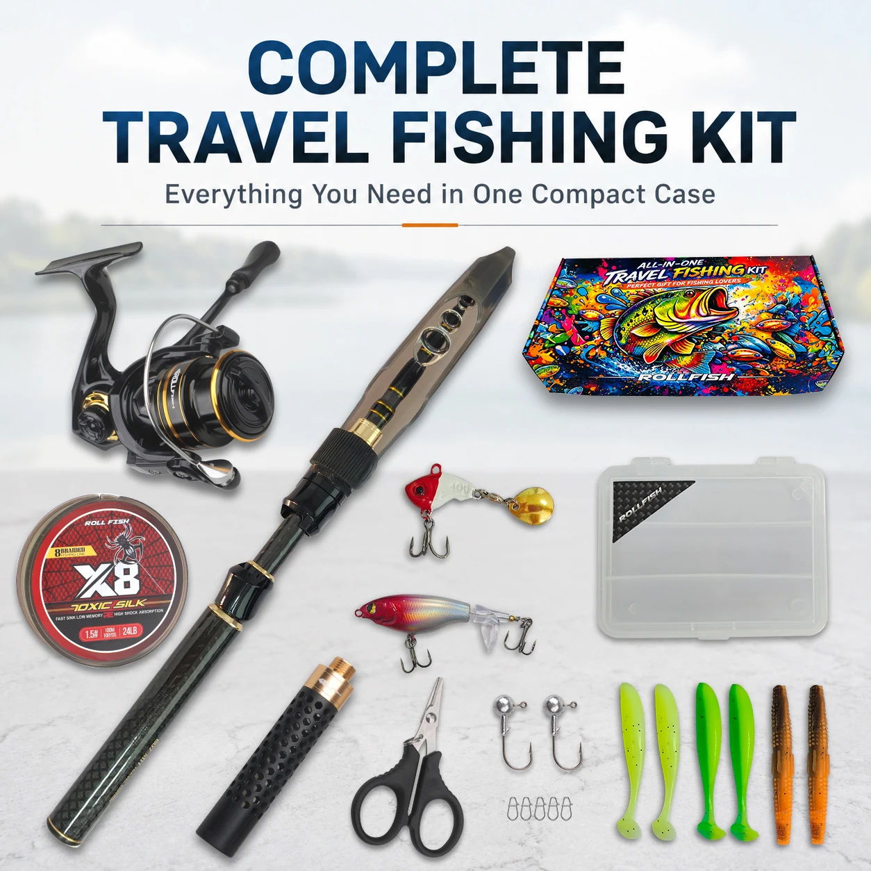 ROLLFISH Teleskop-Bass-Angelrute mit Rolle, Geschenkbox-Set, Schnur, Köder, Schere, M-Power, Reise-Angelrute, Geschenke für Männer, Väter, Ehemänner – Detail 2